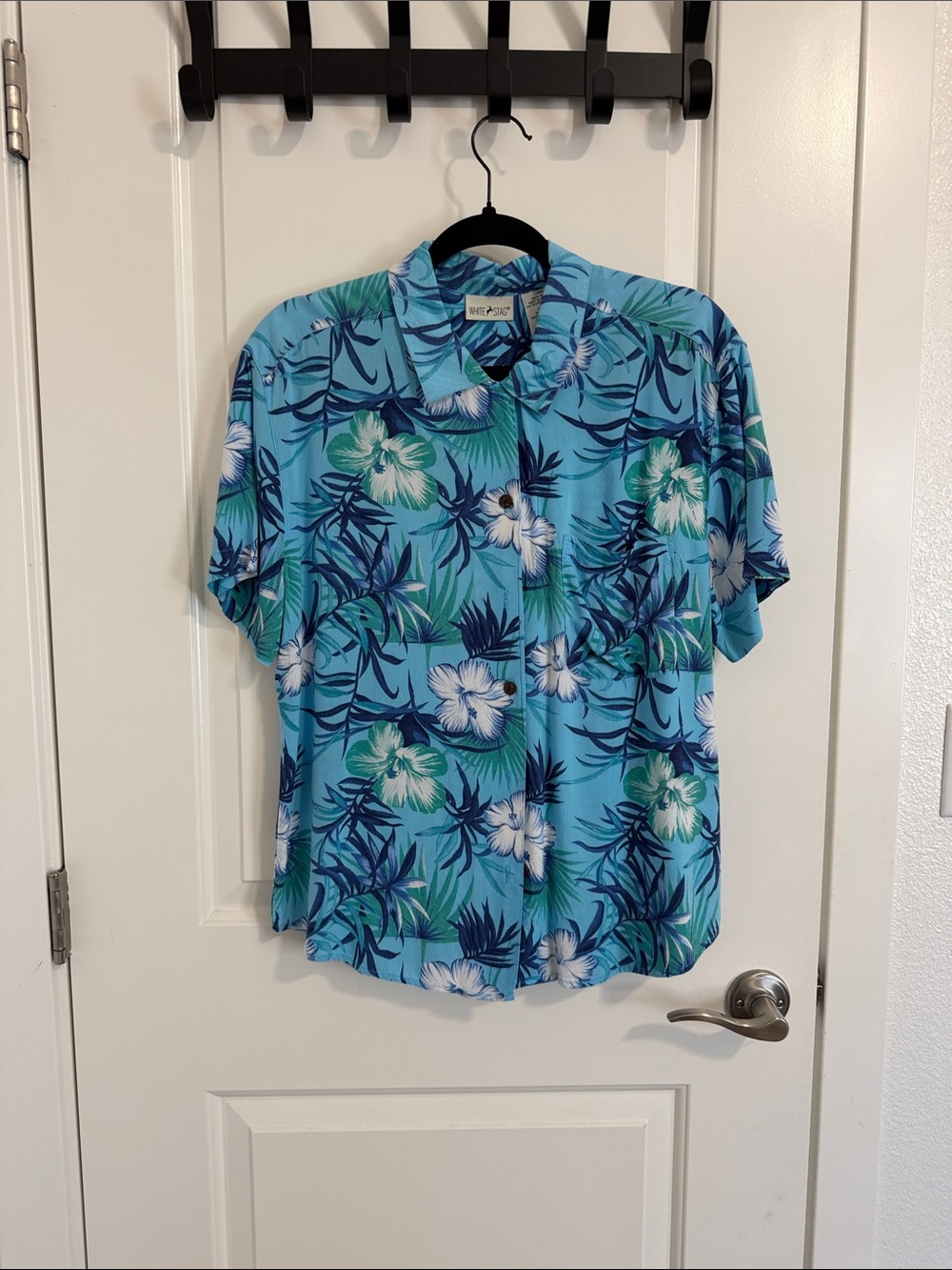 White Stag Aqua Blue Tropical Floral Camp Shirt